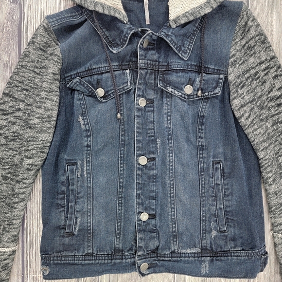 Free People Distressed Denim Jacket With Knit Sleeves and Hood - Picture 6 of 11
